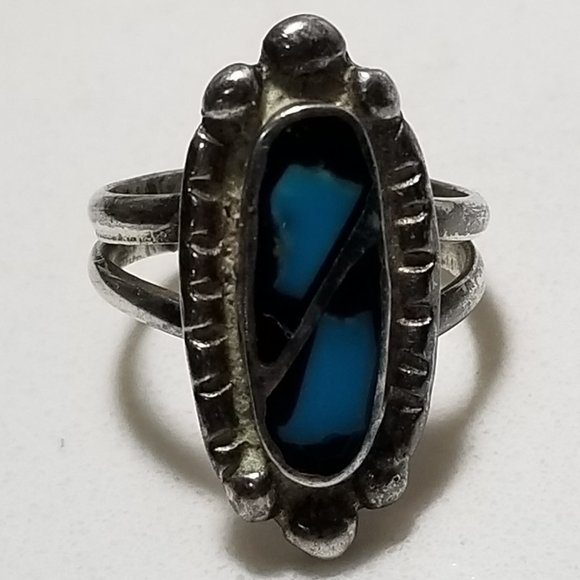 Zuni Design and Sterling Ring with Genuine Turquoise Arizona Art - Picture 2 of 10